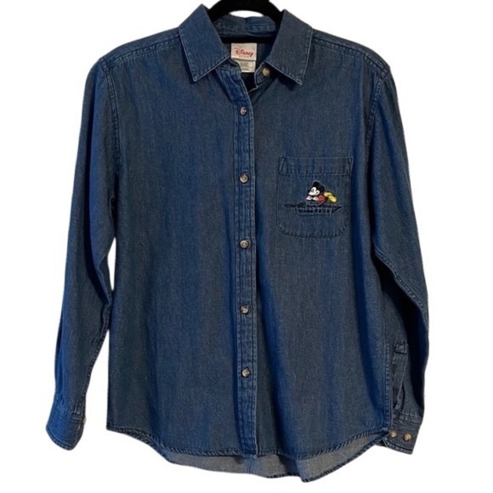 Vintage Disney Button Down Denim Shirt Mickey‎ Mouse Embroidered 90s 00s Small